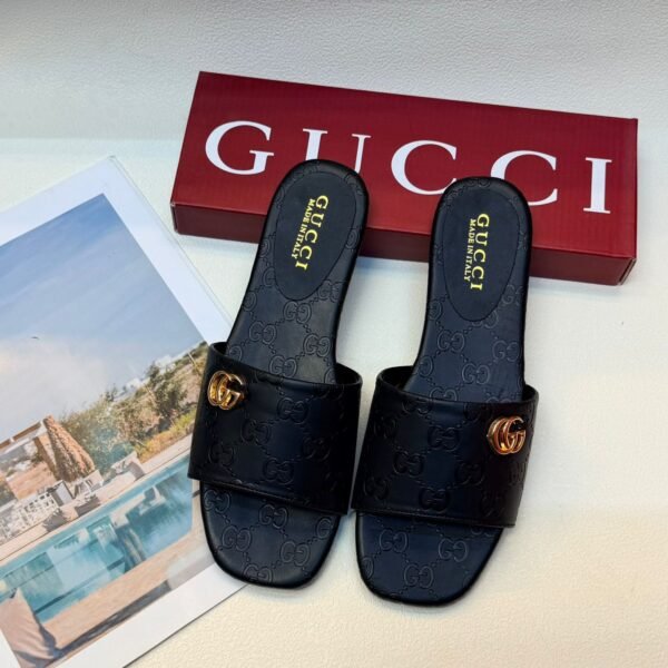 Gucci GG Monogram Leather Slide Sandals - Black