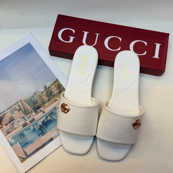 Gucci GG Monogram Leather Slide Sandals - White