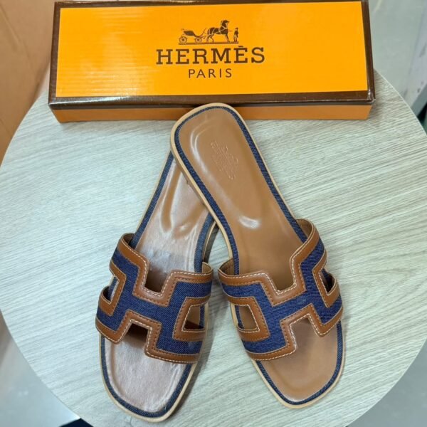 Hermès Oran Two Tone Sandal - Denim Blue & Cognac Brown