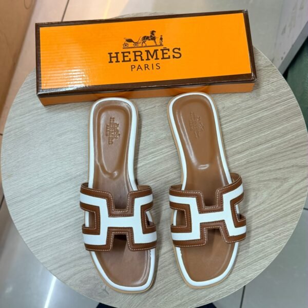 Hermès Oran Two Tone Sandal - Cognac Tan & White