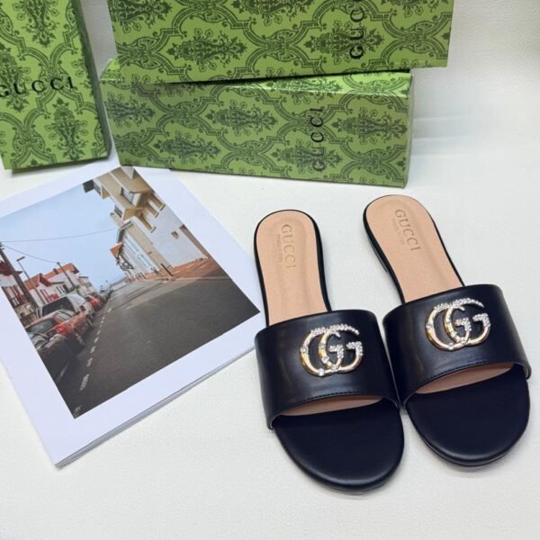 Gucci Crystal GG Marmont Slide Sandals - Black